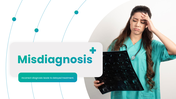 Misdiagnosis presentation with worried doctor, medical scan, diagnostic errors, causes, prevention, and patient safety. - slide 1