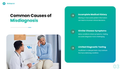 Misdiagnosis presentation with worried doctor, medical scan, diagnostic errors, causes, prevention, and patient safety. - slide 3