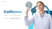 Coliforms presentation with scientist, bacteria samples, water testing, contamination sources, and detection methods. - slide 1
