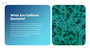Coliforms presentation with scientist, bacteria samples, water testing, contamination sources, and detection methods. - slide 3