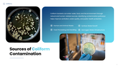 Coliforms presentation with scientist, bacteria samples, water testing, contamination sources, and detection methods. - slide 5