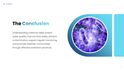 Coliforms presentation with scientist, bacteria samples, water testing, contamination sources, and detection methods. - slide 10