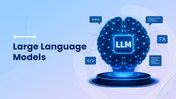 Large Language Models presentation with AI brain, LLM icon, chatbot, coding, translation, and workflow slides. - slide 1
