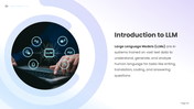 Large Language Models presentation with AI brain, LLM icon, chatbot, coding, translation, and workflow slides. - slide 2
