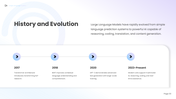 Large Language Models presentation with AI brain, LLM icon, chatbot, coding, translation, and workflow slides. - slide 3