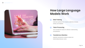 Large Language Models presentation with AI brain, LLM icon, chatbot, coding, translation, and workflow slides. - slide 4