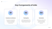 Large Language Models presentation with AI brain, LLM icon, chatbot, coding, translation, and workflow slides. - slide 5