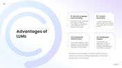 Large Language Models presentation with AI brain, LLM icon, chatbot, coding, translation, and workflow slides. - slide 6