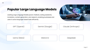 Large Language Models presentation with AI brain, LLM icon, chatbot, coding, translation, and workflow slides. - slide 7