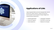 Large Language Models presentation with AI brain, LLM icon, chatbot, coding, translation, and workflow slides. - slide 8