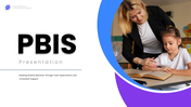 PBIS presentation with teacher and student, behavior support, three-tier framework, and positive reinforcement slides. - slide 1