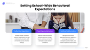 PBIS presentation with teacher and student, behavior support, three-tier framework, and positive reinforcement slides. - slide 5