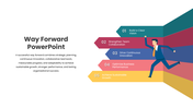 Way Forward presentation with business runner, arrow roadmap, innovation, teamwork, skill growth, and progress steps. - slide 8