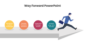 Way Forward presentation with business runner, arrow roadmap, innovation, teamwork, skill growth, and progress steps. - slide 9