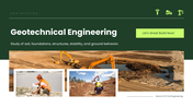 Geotechnical Engineering covering soil testing, foundations, bearing capacity, slopes, and retaining structures. - slide 1