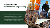 Geotechnical Engineering covering soil testing, foundations, bearing capacity, slopes, and retaining structures. - slide 2