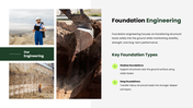 Geotechnical Engineering covering soil testing, foundations, bearing capacity, slopes, and retaining structures. - slide 6