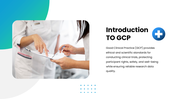 Good Clinical Practice covering trial protocols, informed consent, safety, ethics, compliance, and data management. - slide 2