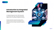 Integrated Management System with quality, environmental, safety icons, planning, audits, documentation and improvement. - slide 2