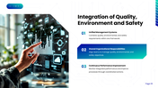 Integrated Management System with quality, environmental, safety icons, planning, audits, documentation and improvement. - slide 5