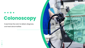 Colonoscopy slide showing a colonoscope, patient preparation, bowel prep, procedure steps, findings - slide 1