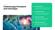 Colonoscopy slide showing a colonoscope, patient preparation, bowel prep, procedure steps, findings - slide 5