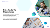 Biostatistics presentation showing a microscope, biological data, statistics, sampling, hypothesis testing and research. - slide 2