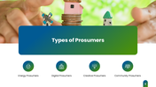 Prosumer overview showing solar energy production, consumption, sharing, digital markets, benefits and challenges. - slide 5