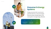Prosumer overview showing solar energy production, consumption, sharing, digital markets, benefits and challenges. - slide 8