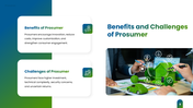 Prosumer overview showing solar energy production, consumption, sharing, digital markets, benefits and challenges. - slide 9