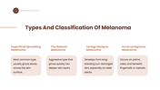 Melanoma overview showing a skin lesion, causes, risk factors, types, symptoms, diagnosis, treatment and prevention. - slide 4