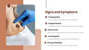 Melanoma overview showing a skin lesion, causes, risk factors, types, symptoms, diagnosis, treatment and prevention. - slide 5