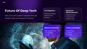 Deep Tech presentation showing robotics, AI, quantum computing, nanotechnology, advanced materials and future innovation. - slide 9
