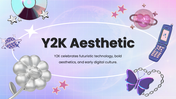 The Y2K Aesthetic presentation featuring futuristic fashion, glossy colors, digital graphics, music and pop culture. - slide 1