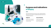 The Biopsy presentation showing tissue sampling, needle, microscope, specimen handling, diagnosis, and aftercare. - slide 3