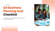 Q4 Business Planning And Checklist presentation covering marketing, sales, finance, operations, and risk management. - slide 1