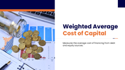 Weighted Average Cost Of Capital showing debt, equity, weights, formula, calculation, and investment decisions. - slide 1