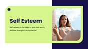 The Self Esteem presentation is covering self-acceptance, confidence, self-worth - slide 1
