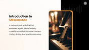 The Metronome presentation showing a mechanical metronome, tempo, rhythm, parts, uses, and music practice. - slide 2