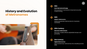 The Metronome presentation showing a mechanical metronome, tempo, rhythm, parts, uses, and music practice. - slide 3
