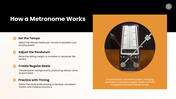 The Metronome presentation showing a mechanical metronome, tempo, rhythm, parts, uses, and music practice. - slide 5