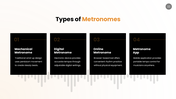 The Metronome presentation showing a mechanical metronome, tempo, rhythm, parts, uses, and music practice. - slide 6