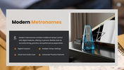 The Metronome presentation showing a mechanical metronome, tempo, rhythm, parts, uses, and music practice. - slide 9
