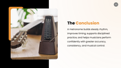 The Metronome presentation showing a mechanical metronome, tempo, rhythm, parts, uses, and music practice. - slide 10