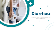 The Diarrhea presentation showing loose stools, types, causes, symptoms, diagnosis, treatment, and prevention. - slide 1