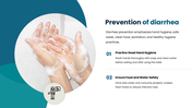 The Diarrhea presentation showing loose stools, types, causes, symptoms, diagnosis, treatment, and prevention. - slide 8