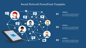 Social network template featuring interconnected user icons and social media logos on a blue background.