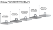 Five step military in grayscale showing icons for military man, navy, backpack, army, and base on tiered platforms.