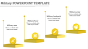 Military design with yellow podiums and circular icons for military man, navy, backpack, and army, arranged diagonally.