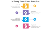 Slide with four military themed icons and captions arranged vertically in yellow, purple, blue, and pink with arrow accents.